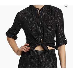 Suzie Kondi Koubi Lurex Gauze Metallic Black Button Down Blouse Band Collar S